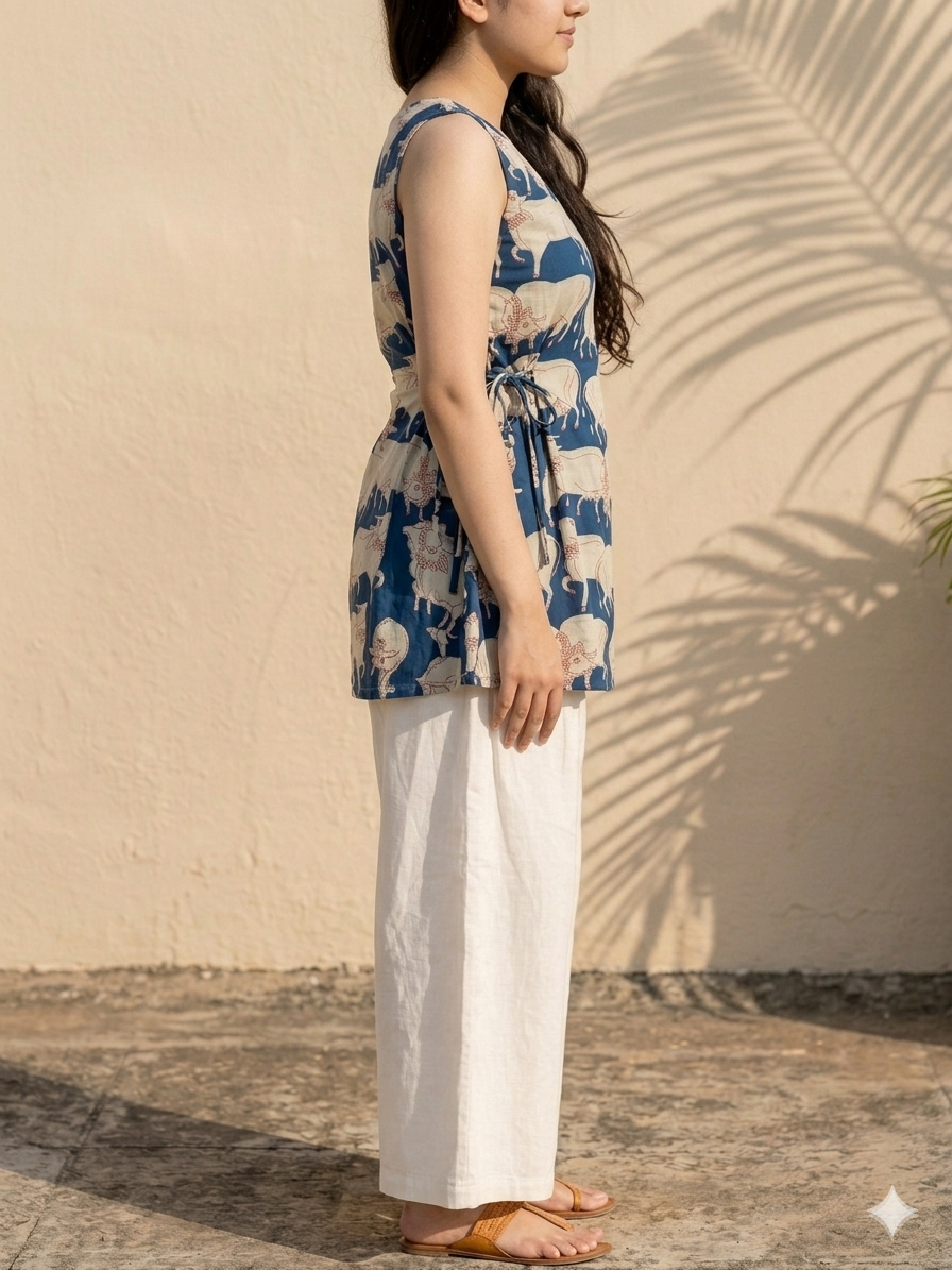 printed blue pure cotton sleeveless short kurti