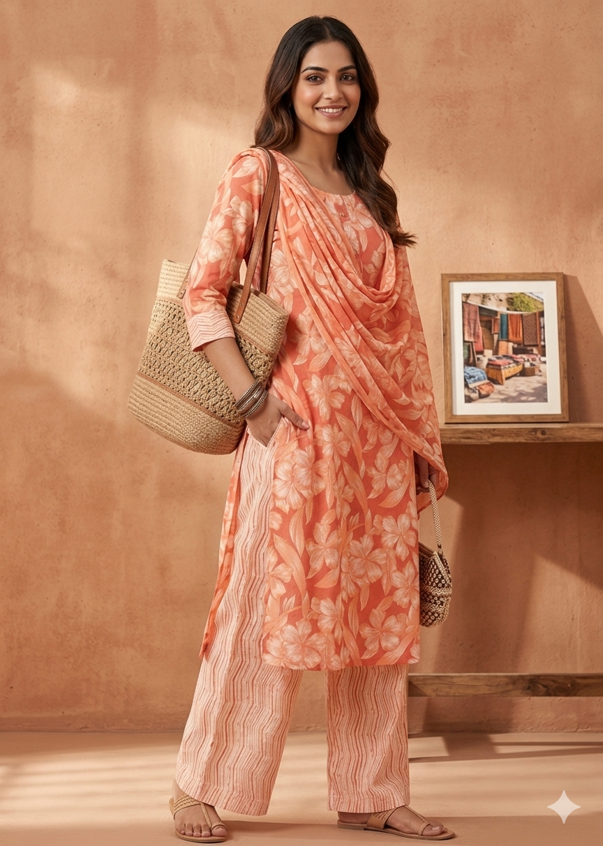Orange cotton 3pc suit set