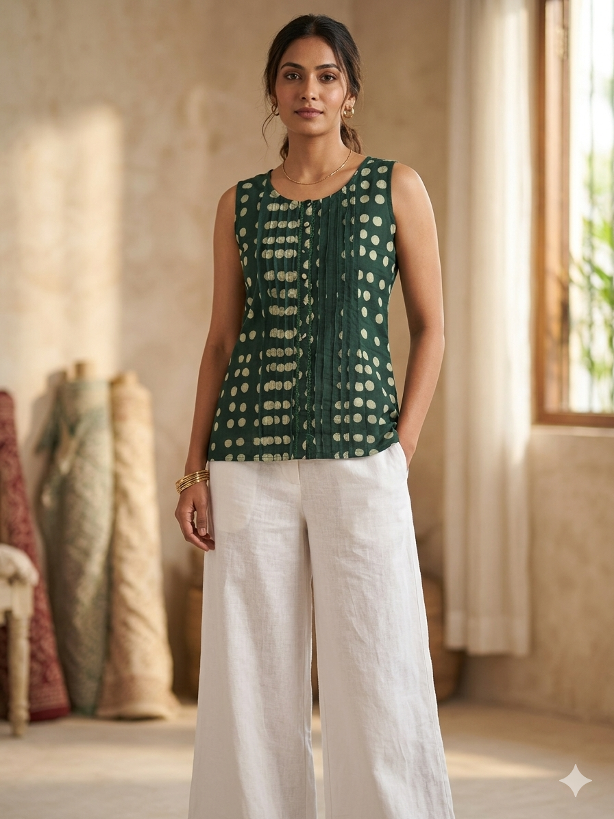 Darkgreen polka dots sleevless cotton kurti