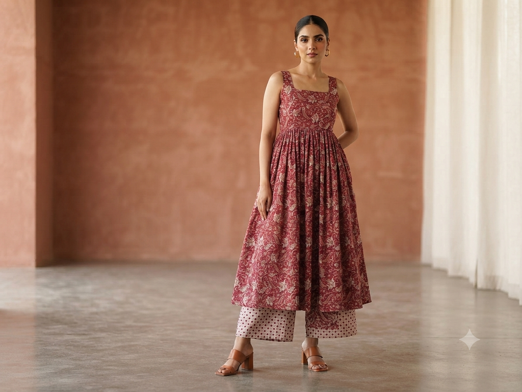 Dark red printed sleeveless suit with palazzo