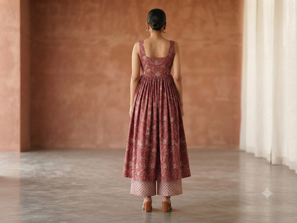 Dark red printed sleeveless suit with palazzo