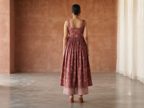 Dark red printed sleeveless suit with palazzo