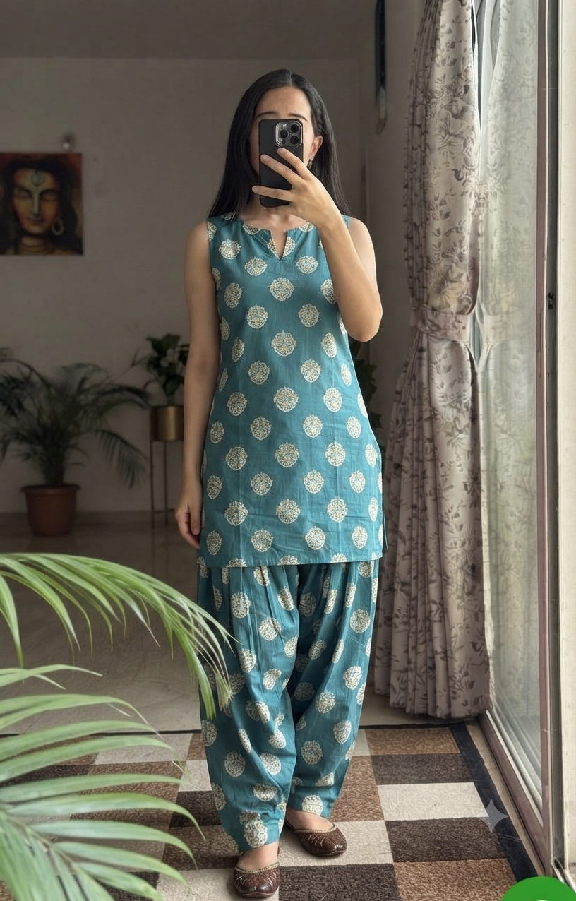 Blue color with screen print pure cotton fabric