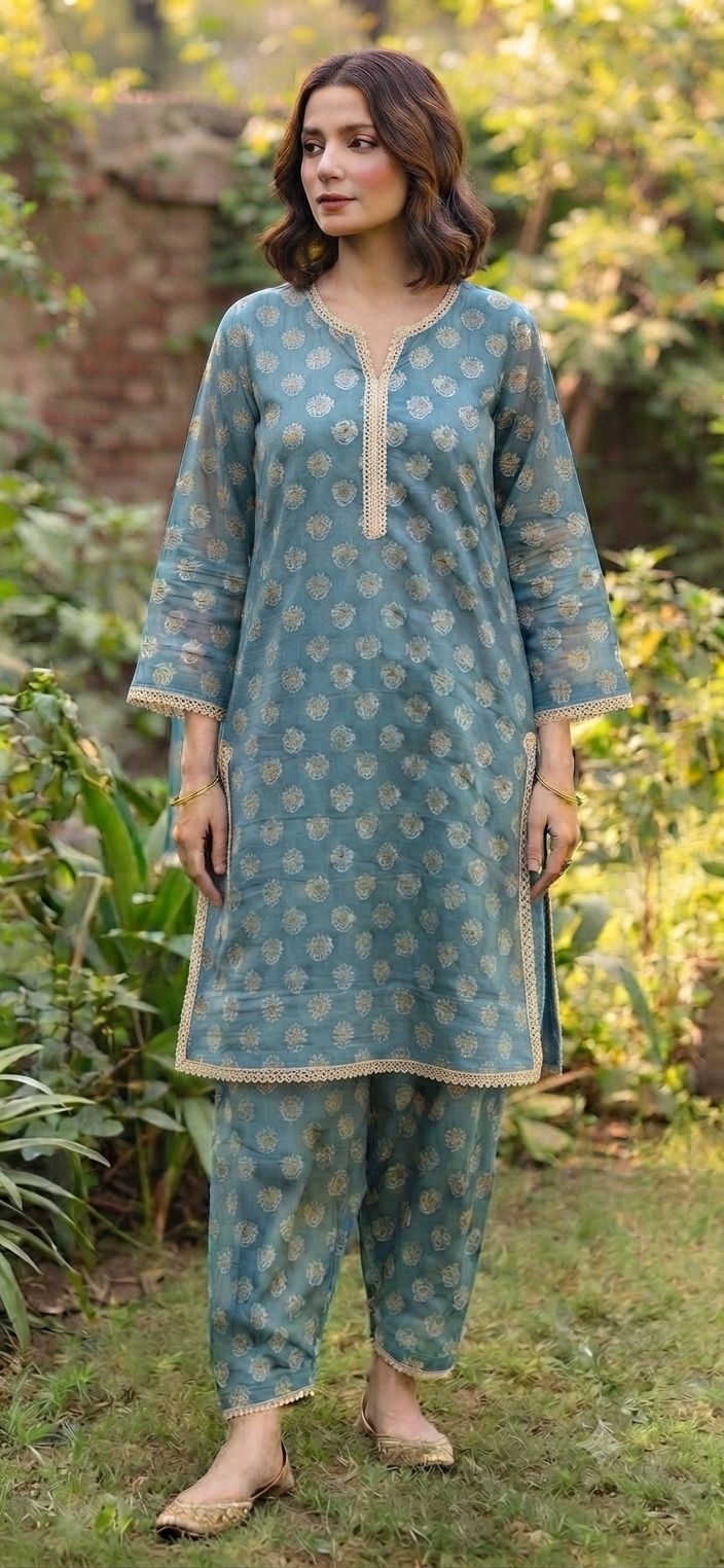 Blue color with screen print pure cotton fabric