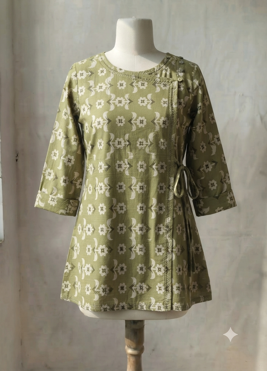 Olive Green floral pure cotton angarakha kurti