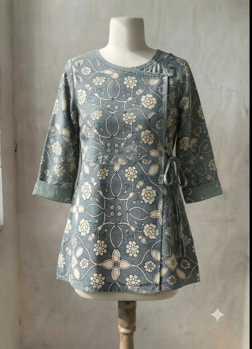 Grey Blossom Asymmetric Short Kurti