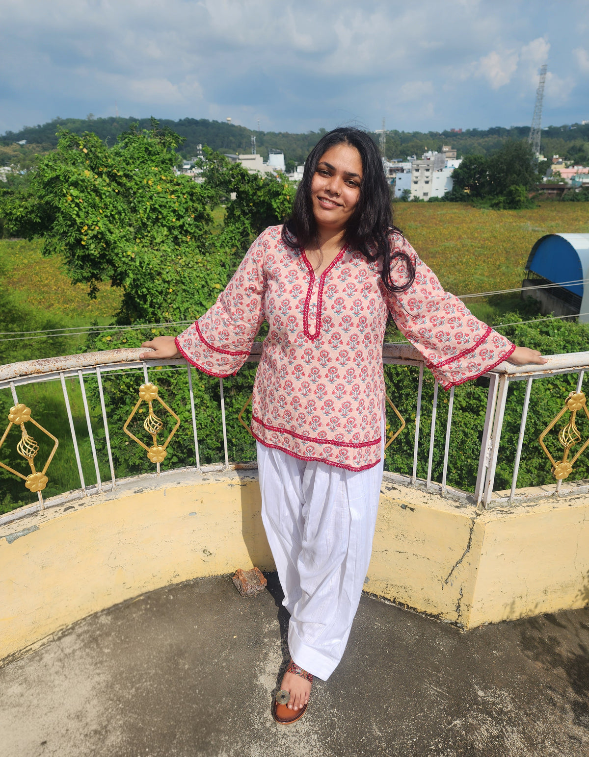 Blush Pink Floral Block-Print Short Kurti with Detailed Lace Trim