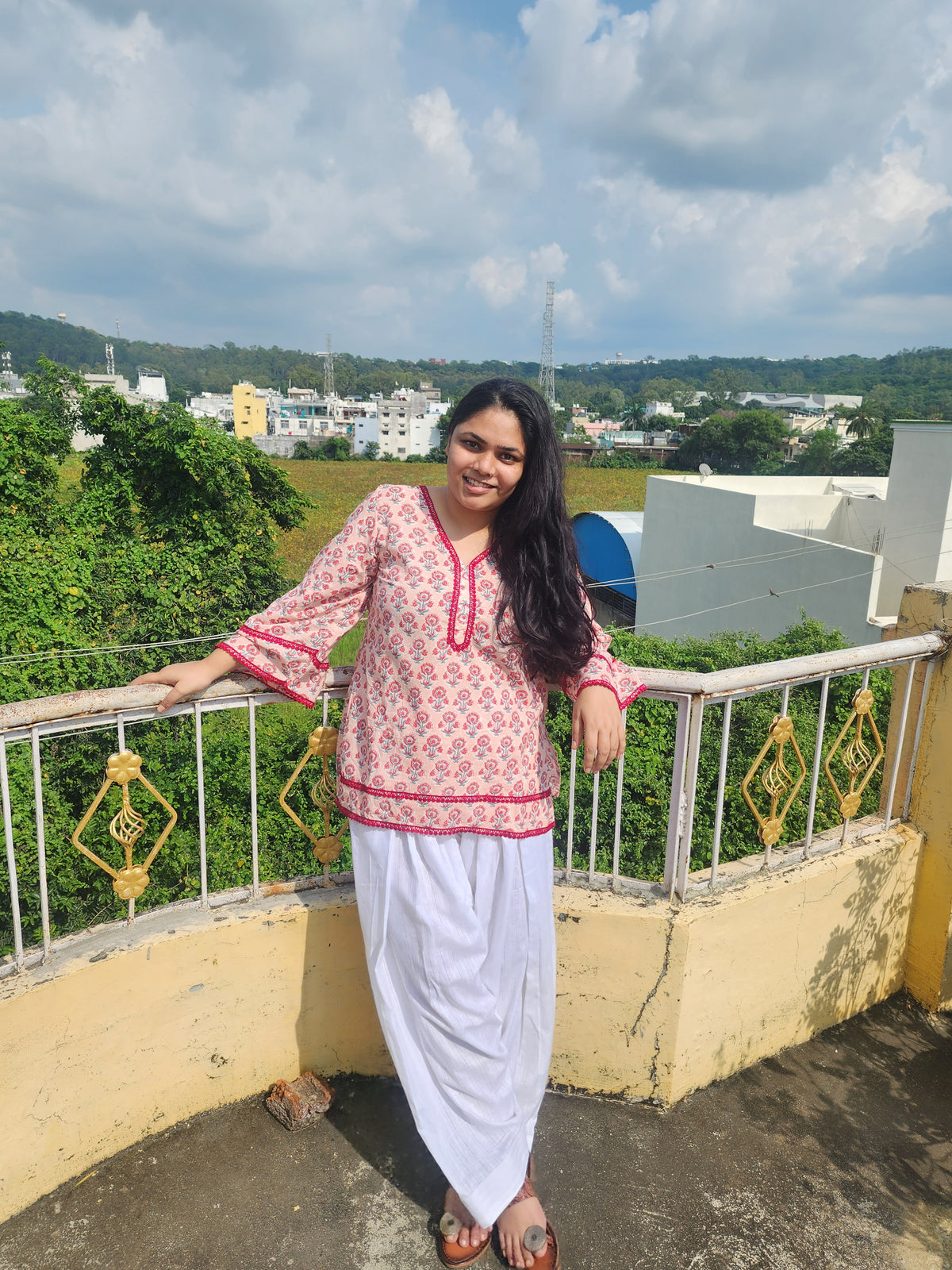 Blush Pink Floral Block-Print Short Kurti with Detailed Lace Trim