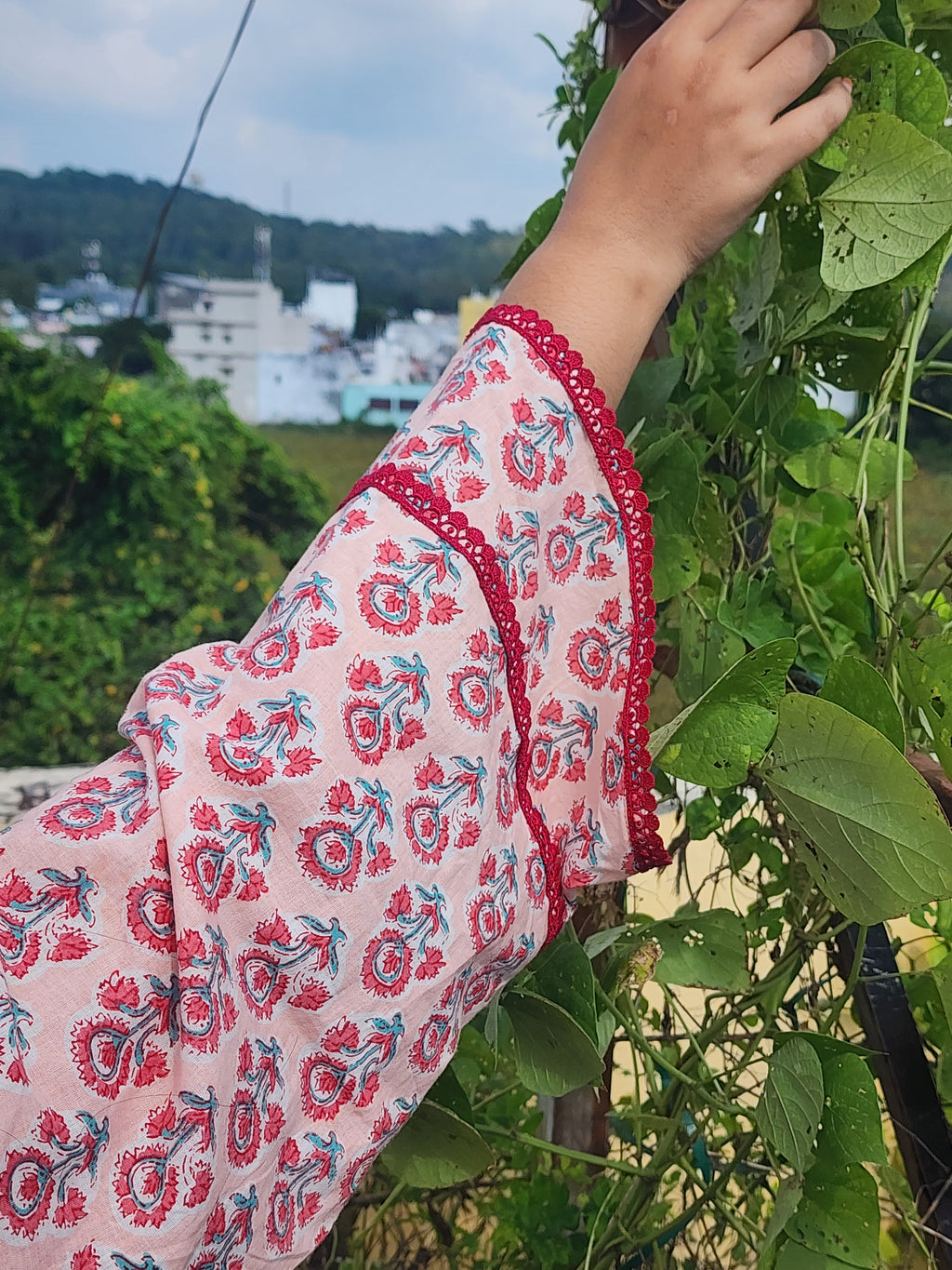 Blush Pink Floral Block-Print Short Kurti with Detailed Lace Trim