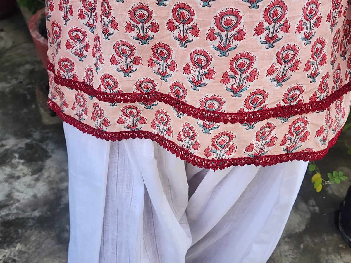 Blush Pink Floral Block-Print Short Kurti with Detailed Lace Trim