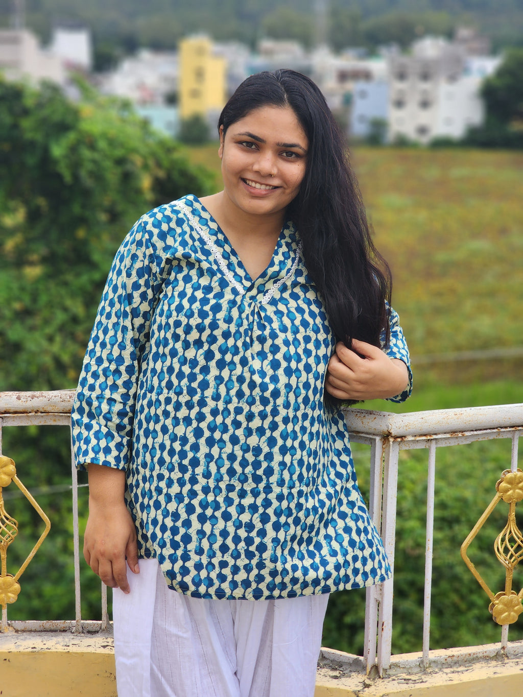 Teal & Indigo Geometric Block-Print Short Kurti with Lace Trim