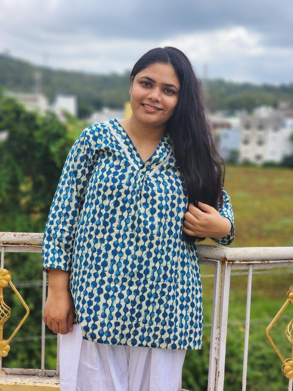 Teal & Indigo Geometric Block-Print Short Kurti with Lace Trim