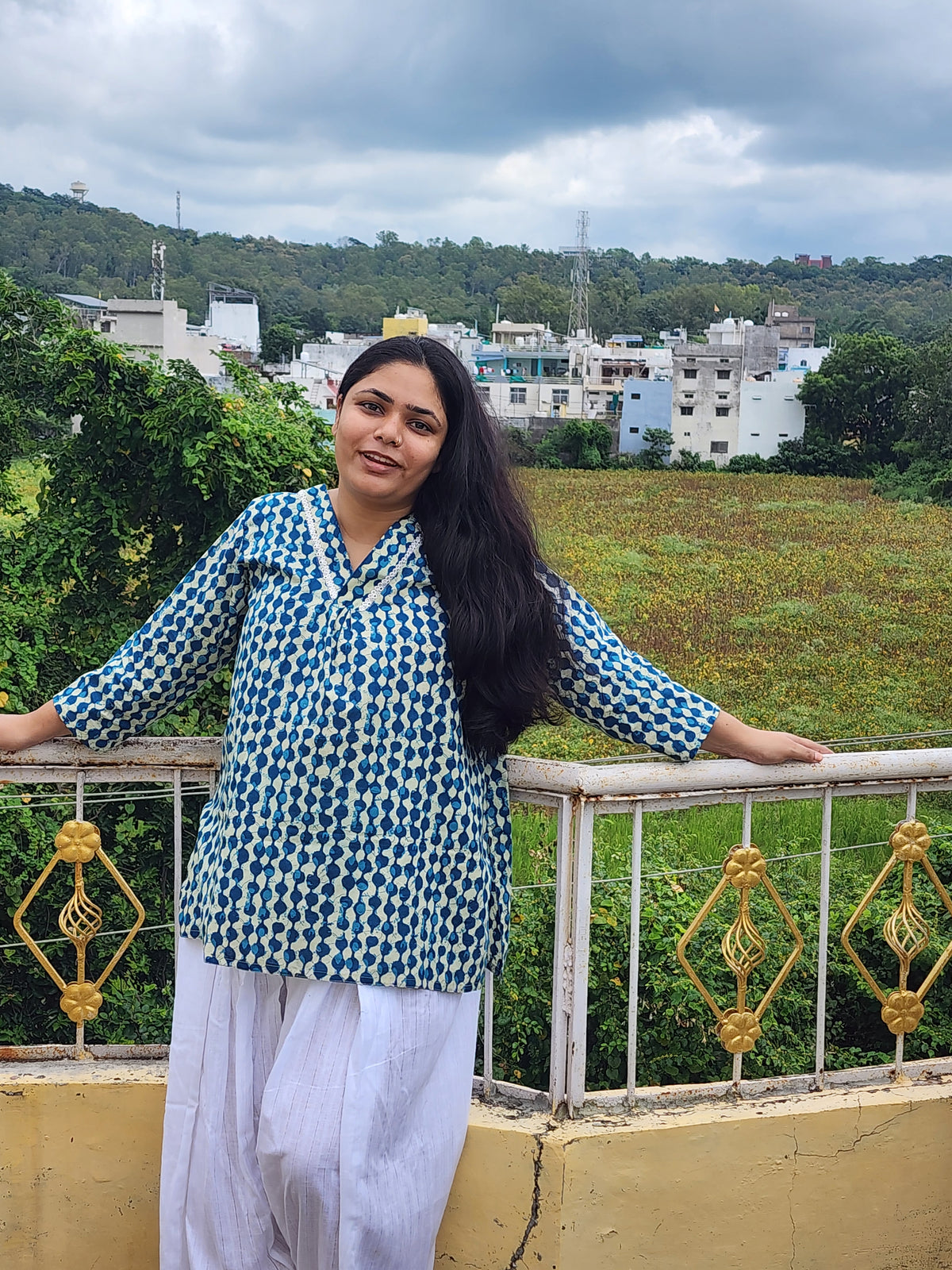 Teal & Indigo Geometric Block-Print Short Kurti with Lace Trim