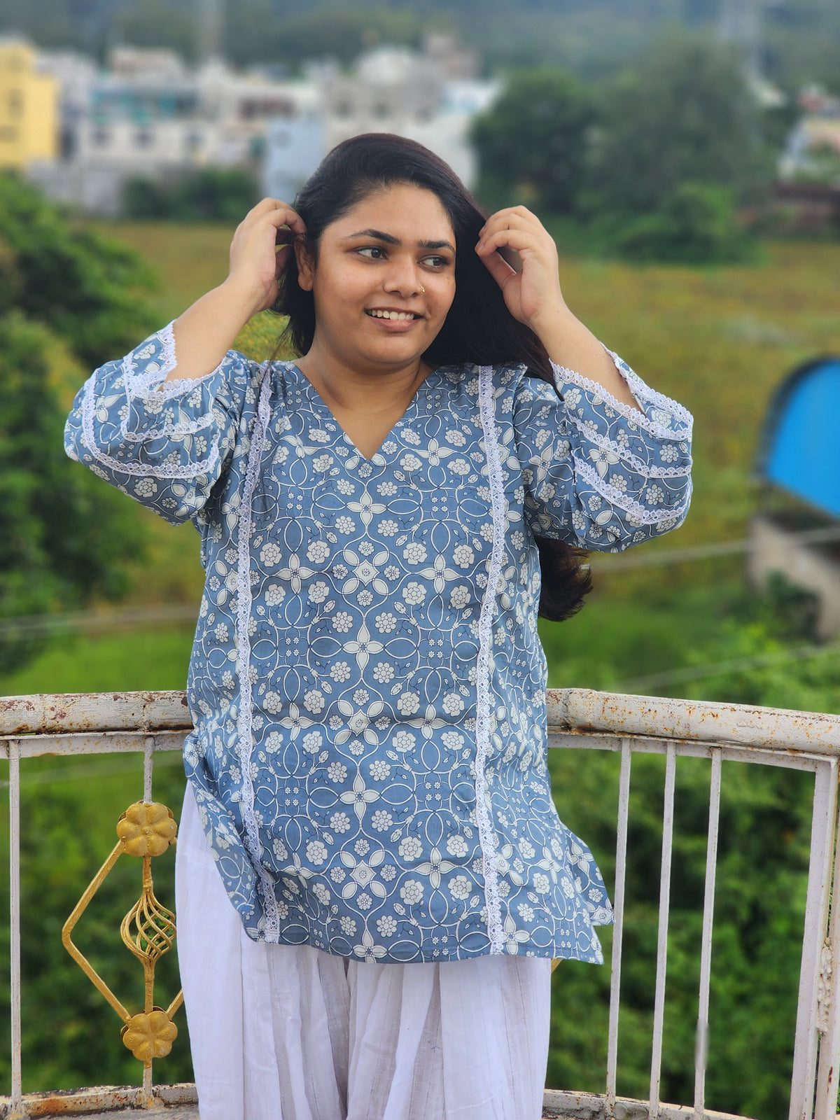 Dusty Blue Floral Block-Print Short Kurti with White Lace Detailing