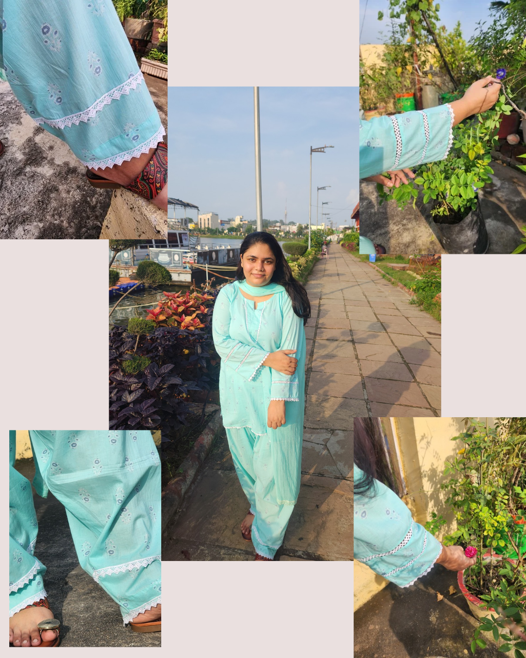 Mint Green Pure Cotton Salwar Suit Set with Delicate White Lace & Matching Dupatta