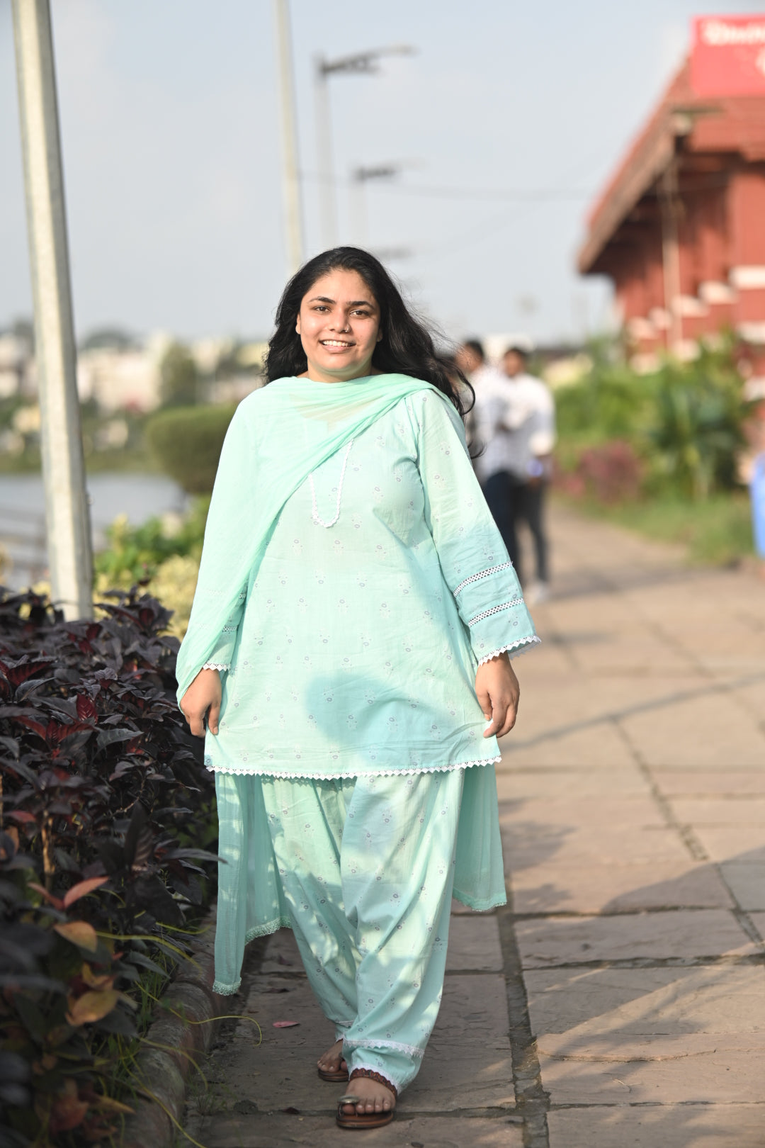Mint Green Pure Cotton Salwar Suit Set with Delicate White Lace & Matching Dupatta