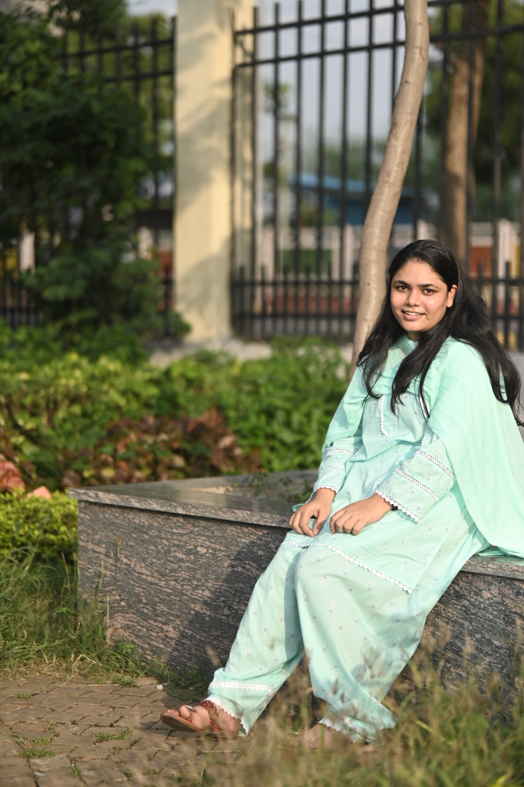 Mint Green Pure Cotton Salwar Suit Set with Delicate White Lace & Matching Dupatta