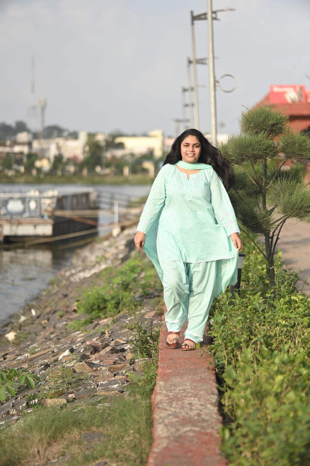 Mint Green Pure Cotton Salwar Suit Set with Delicate White Lace & Matching Dupatta