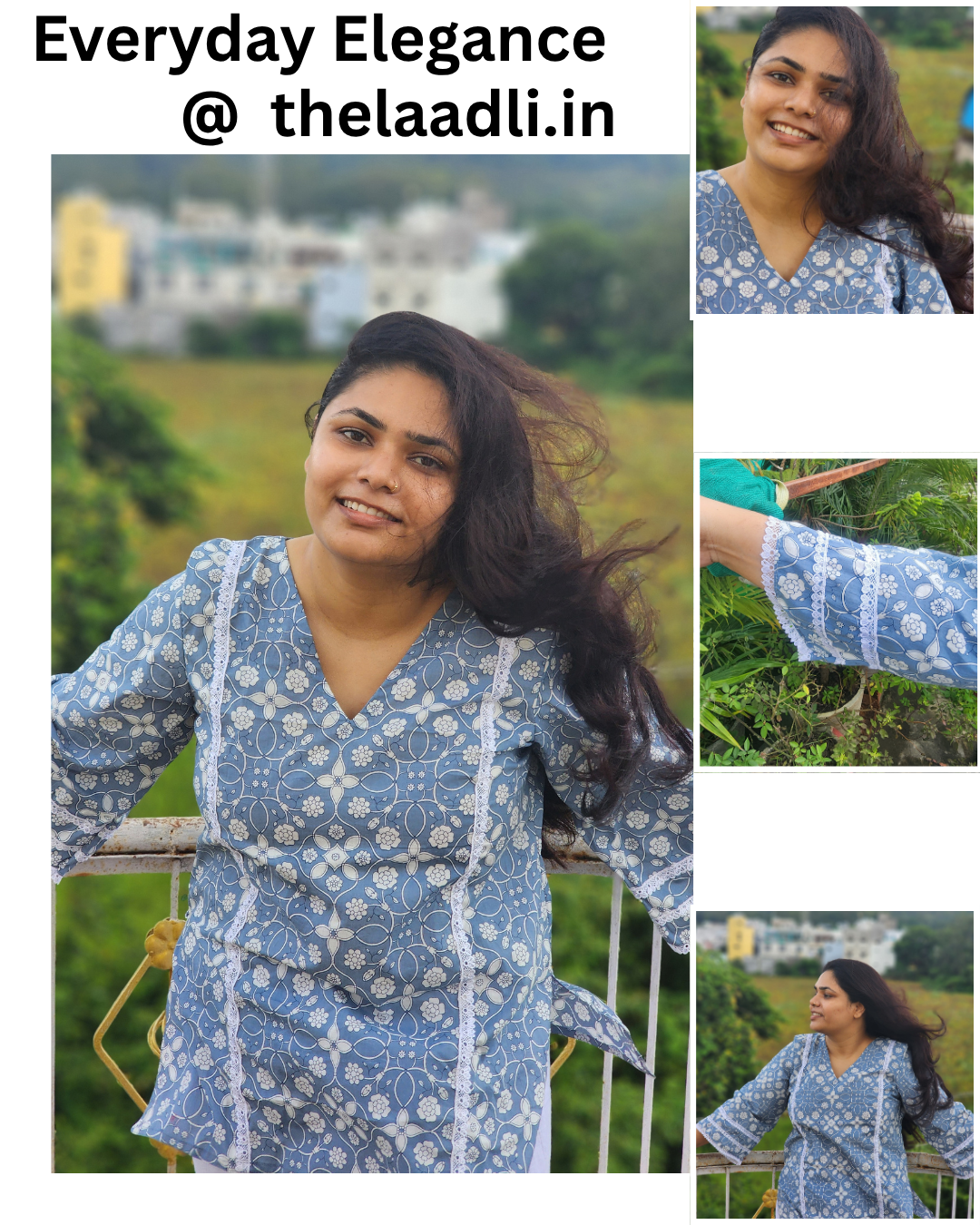 Dusty Blue Floral Block-Print Short Kurti with White Lace Detailing