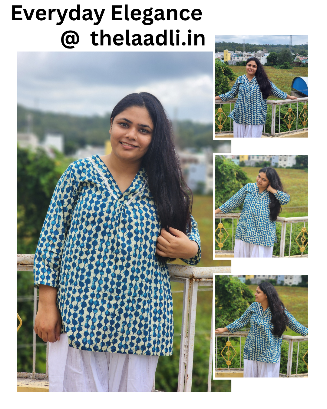 Teal & Indigo Geometric Block-Print Short Kurti with Lace Trim