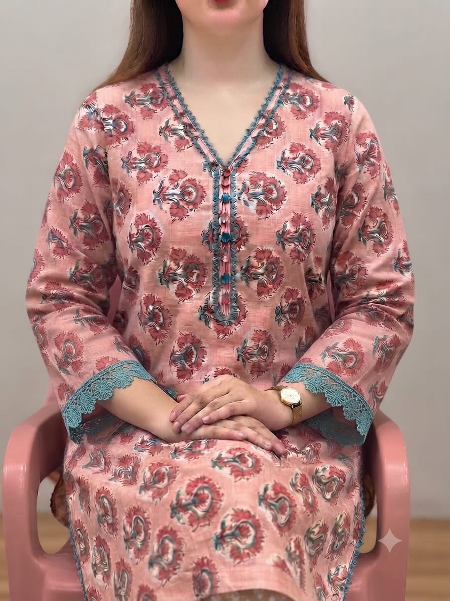 Vintage Bloom Printed Cotton Kurti – Dusty Pink & Tea