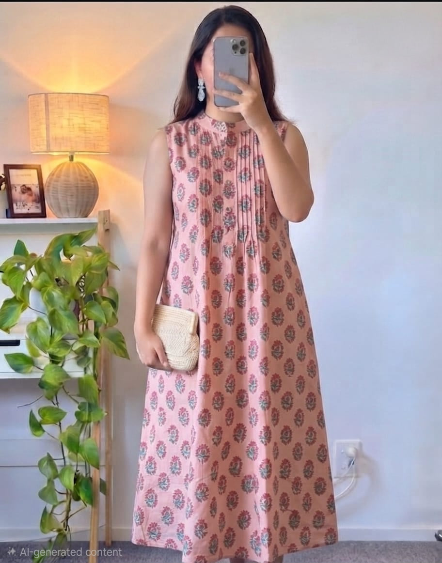 Vintage Bloom Printed Cotton Kurti – Dusty Pink & Tea