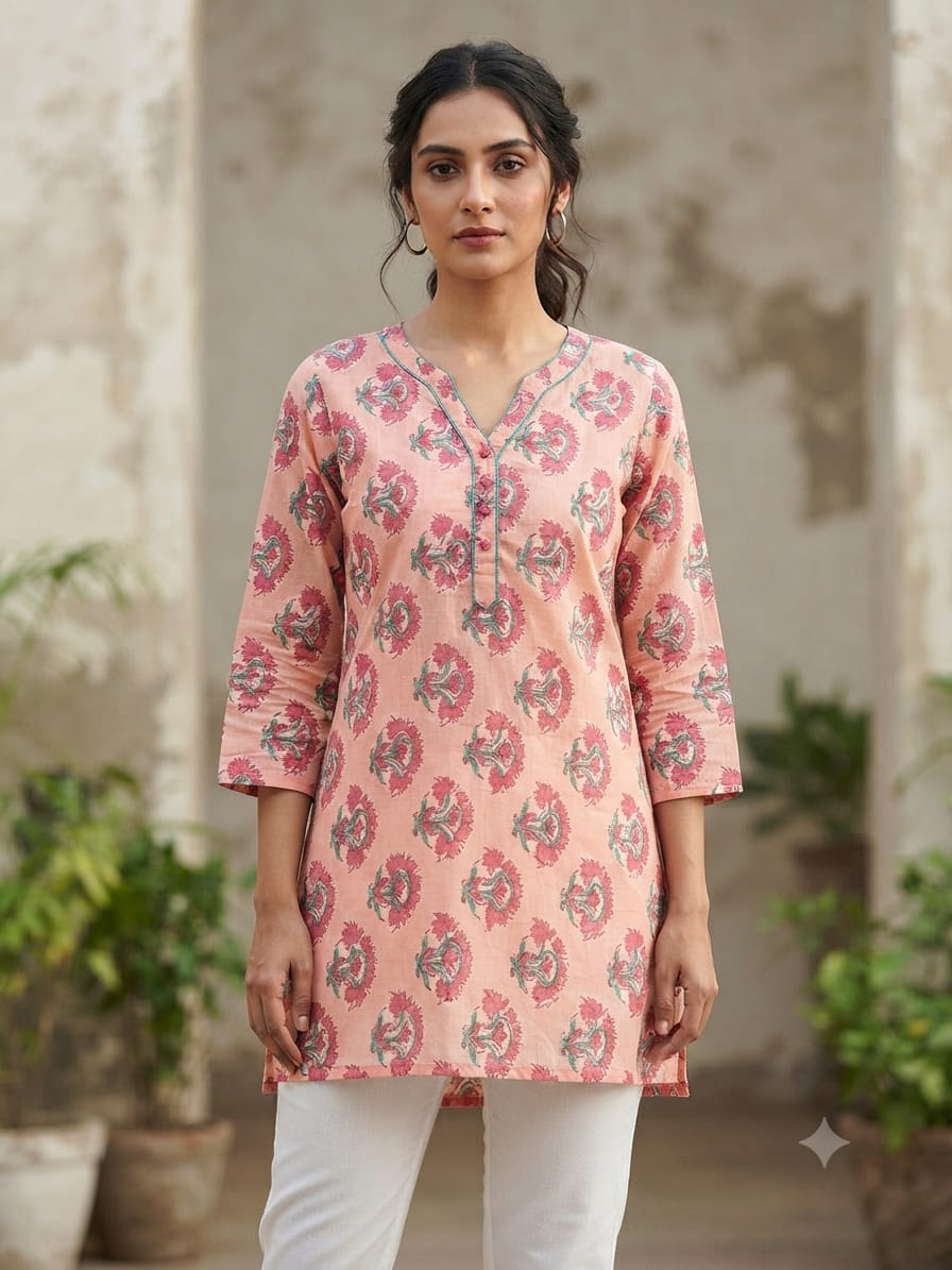 Vintage Bloom Printed Cotton Kurti – Dusty Pink & Tea