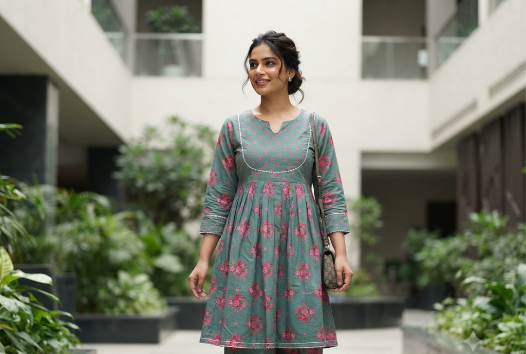 Green printed frock suit with palazzo