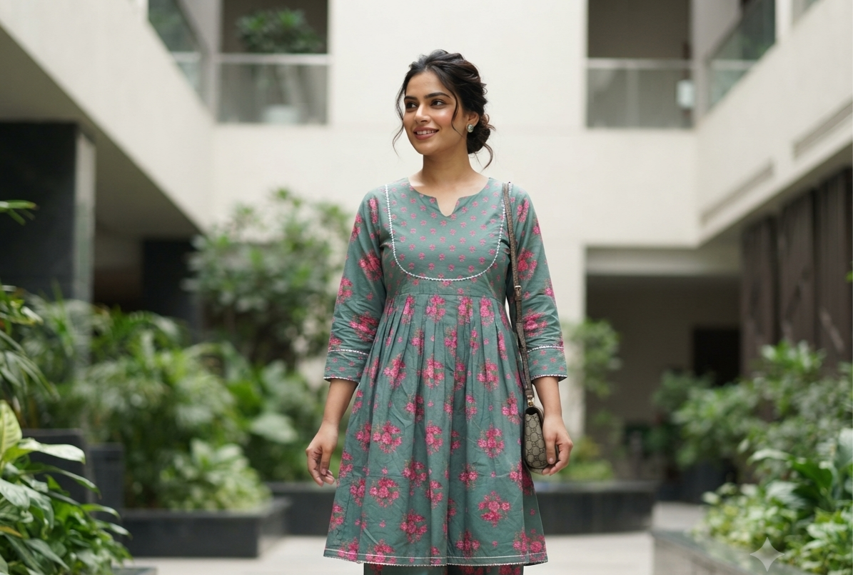 Green printed frock suit with palazzo